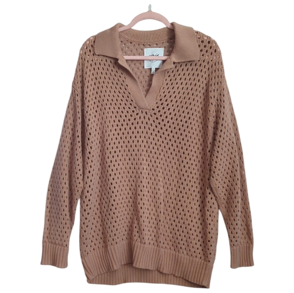 AERIE OPEN KNIT BROWN POLO SWEATER LARGE